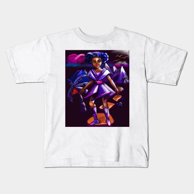 Anime girl with two puffs and lighting 2. Black afro anime girl in purple space fantasy scene ! beautiful  black girl with Braided hair, blue eyes, Cherry pink lips and dark brown skin. Hair love ! Kids T-Shirt by Artonmytee